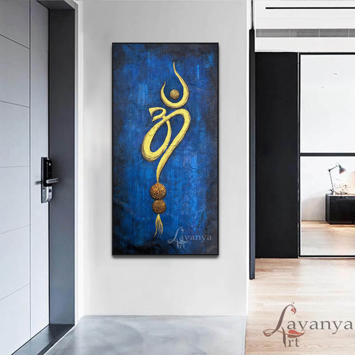 Abstract Om Painting | Handmade Textured Indian Art | Blue Gold