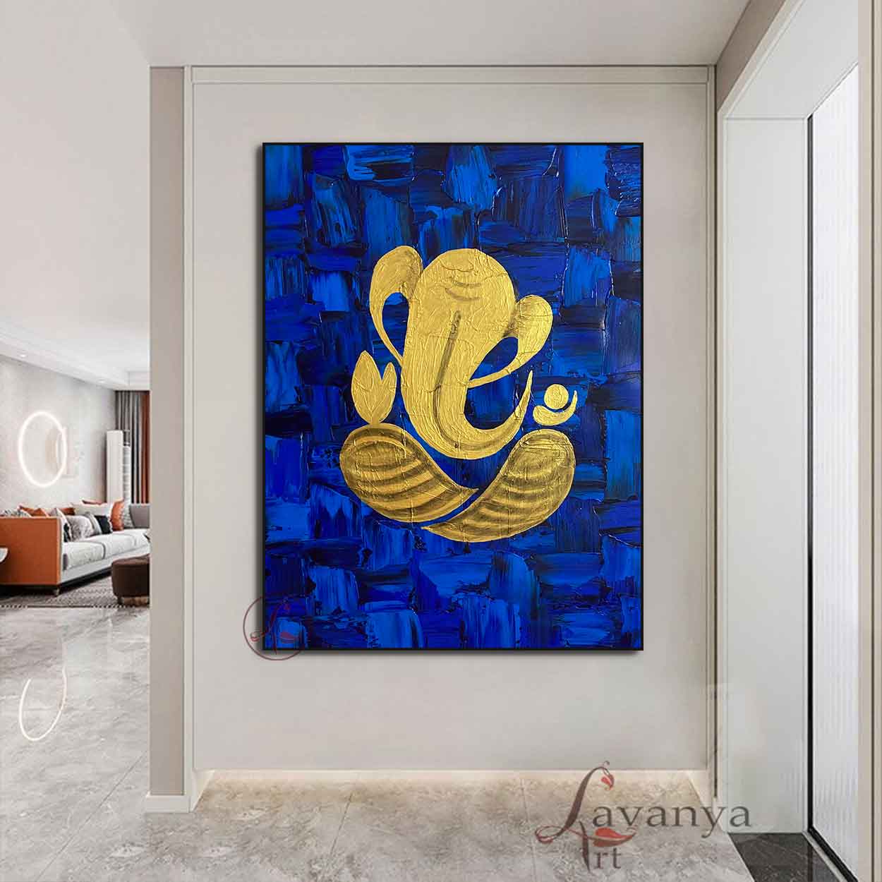 Abstract Ganpati Canvas Painting | Blue Gold Indian Art