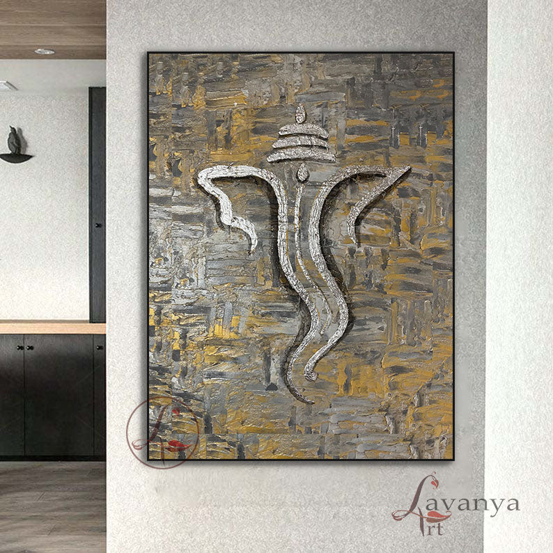 Premium handcrafted Ganesha painting featuring modern Indian art and luxurious textures.