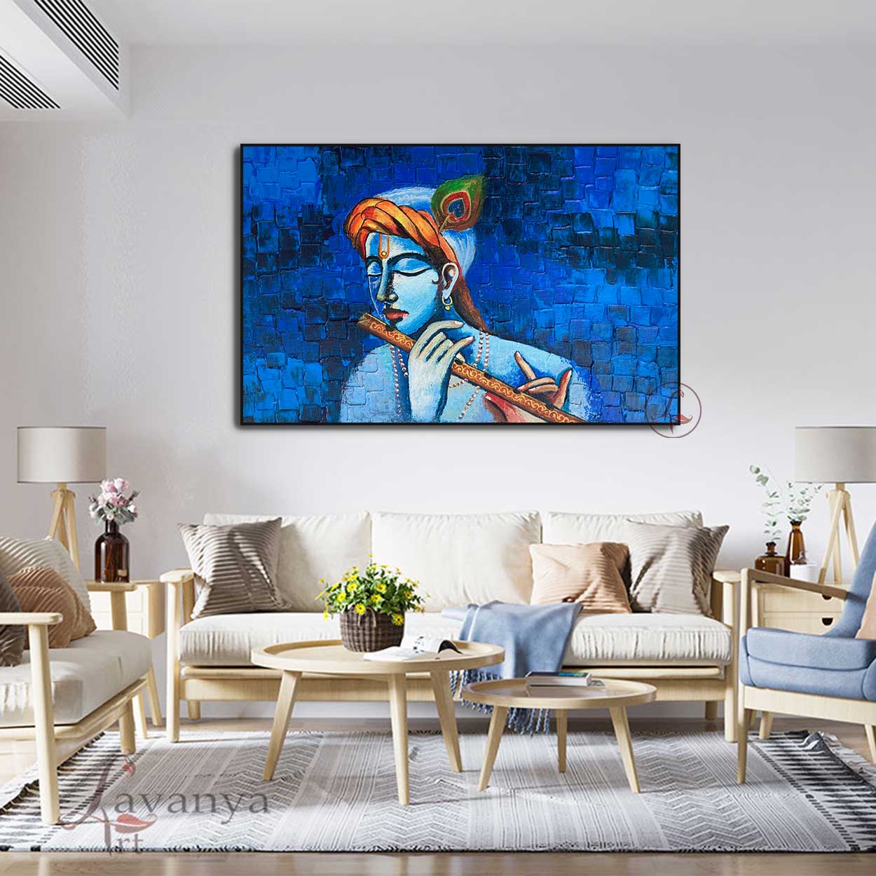 Premium Krishna canvas art featuring textured handmade acrylic painting.