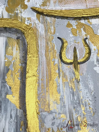 Textured canvas painting of Lord Ganesha in progress, gold and earthy tones.