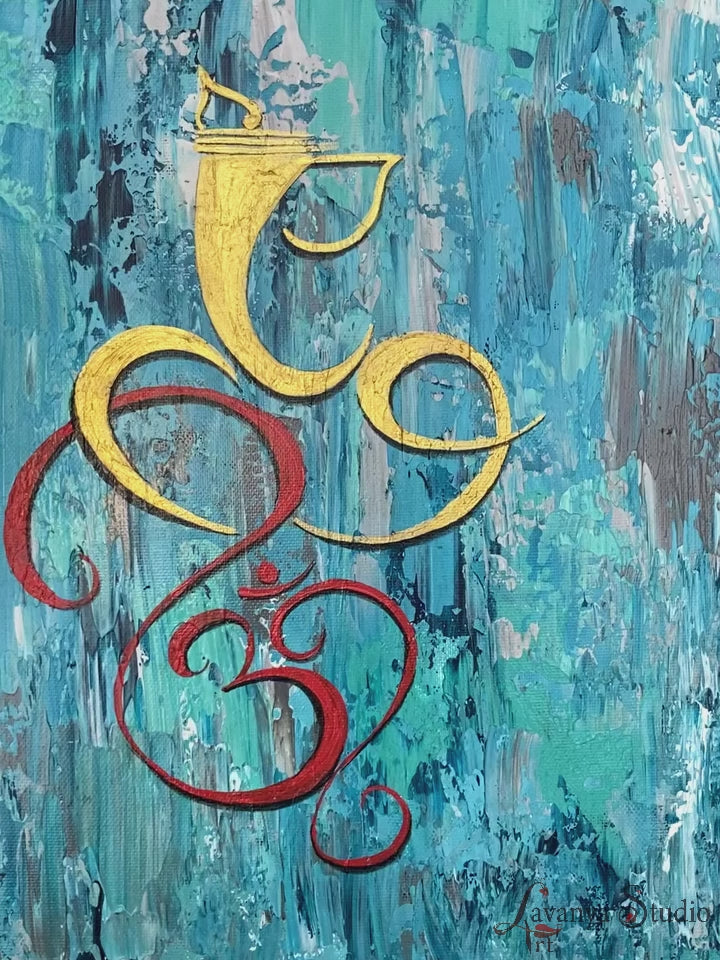 Ganesha painting texture technique video, palette knife and gold.