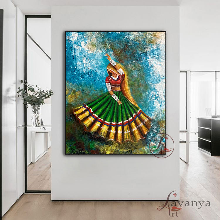 Original Rajasthani Woman & Ghoomar Dance Wall Art by Tejasvi Patel at Lavanya Art Studio. Handmade textured Indian paintings for contemporary interiors.