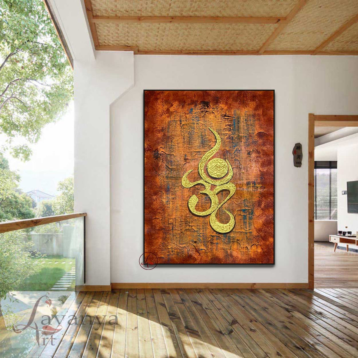 Sacred Om symbol painting handcrafted with luxurious textures and modern elegance.