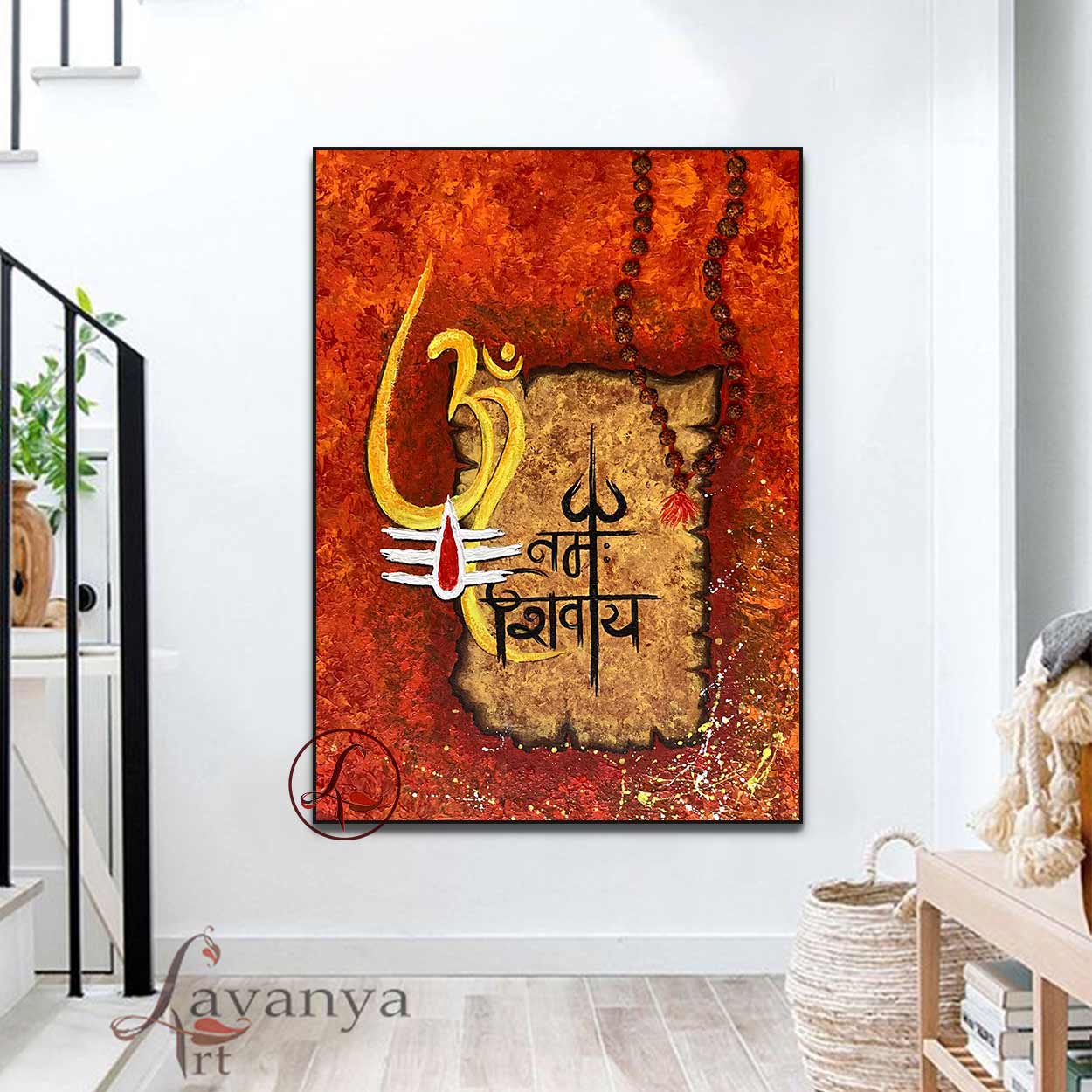 Handmade Shiva canvas painting featuring contemporary Indian art and rich textured details.