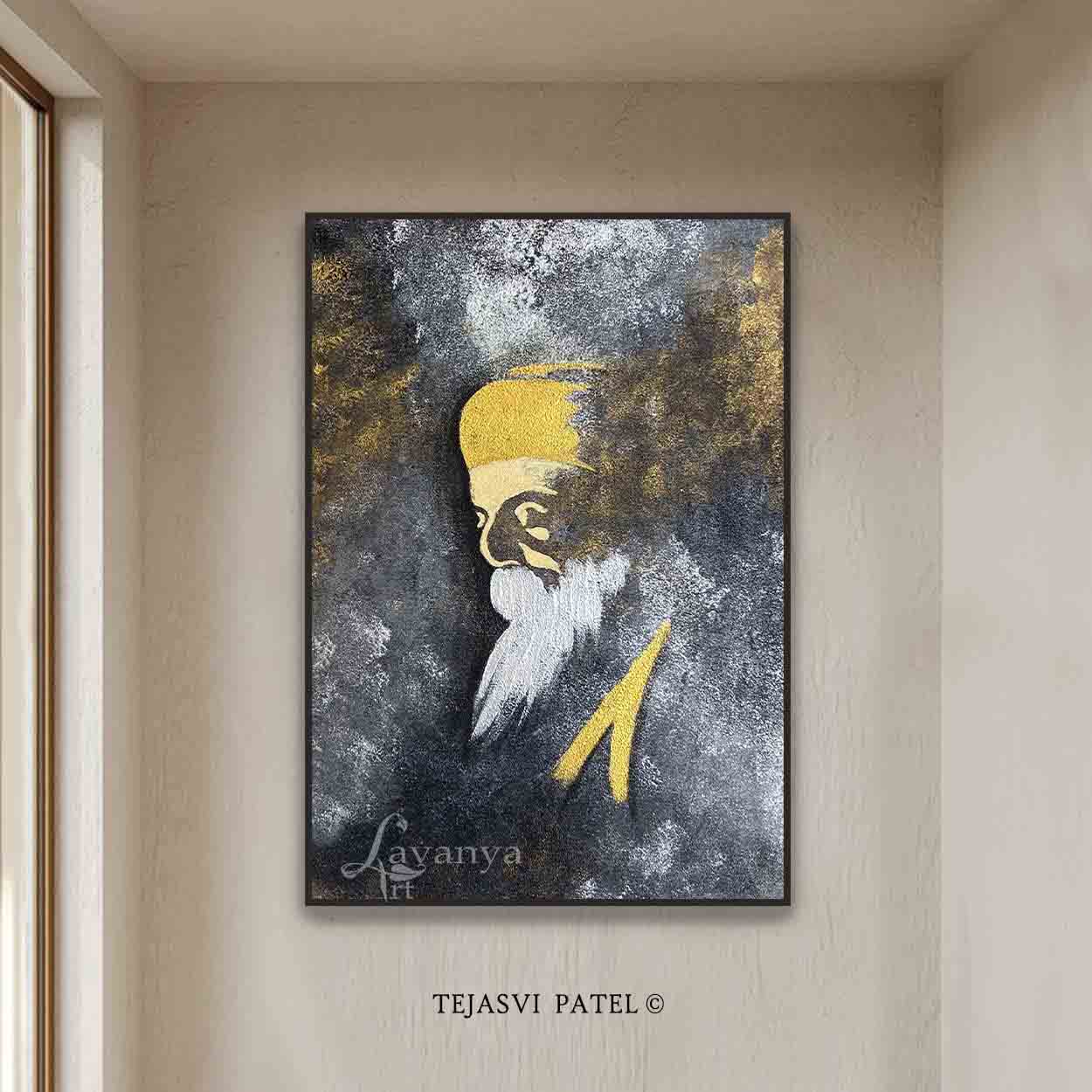 Framed artwork of a guru nanak dev ji with a golden turban on a textured gray background, with 'Lavanya' and 'Tejasvi Patel' branding.