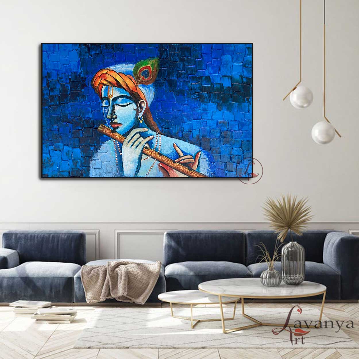 Spiritual Krishna painting symbolizing love, devotion, and divine grace.