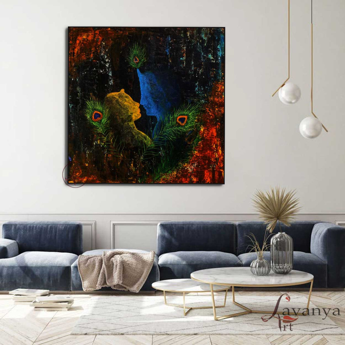 Spiritual Krishna painting symbolizing love, devotion, and divine grace.