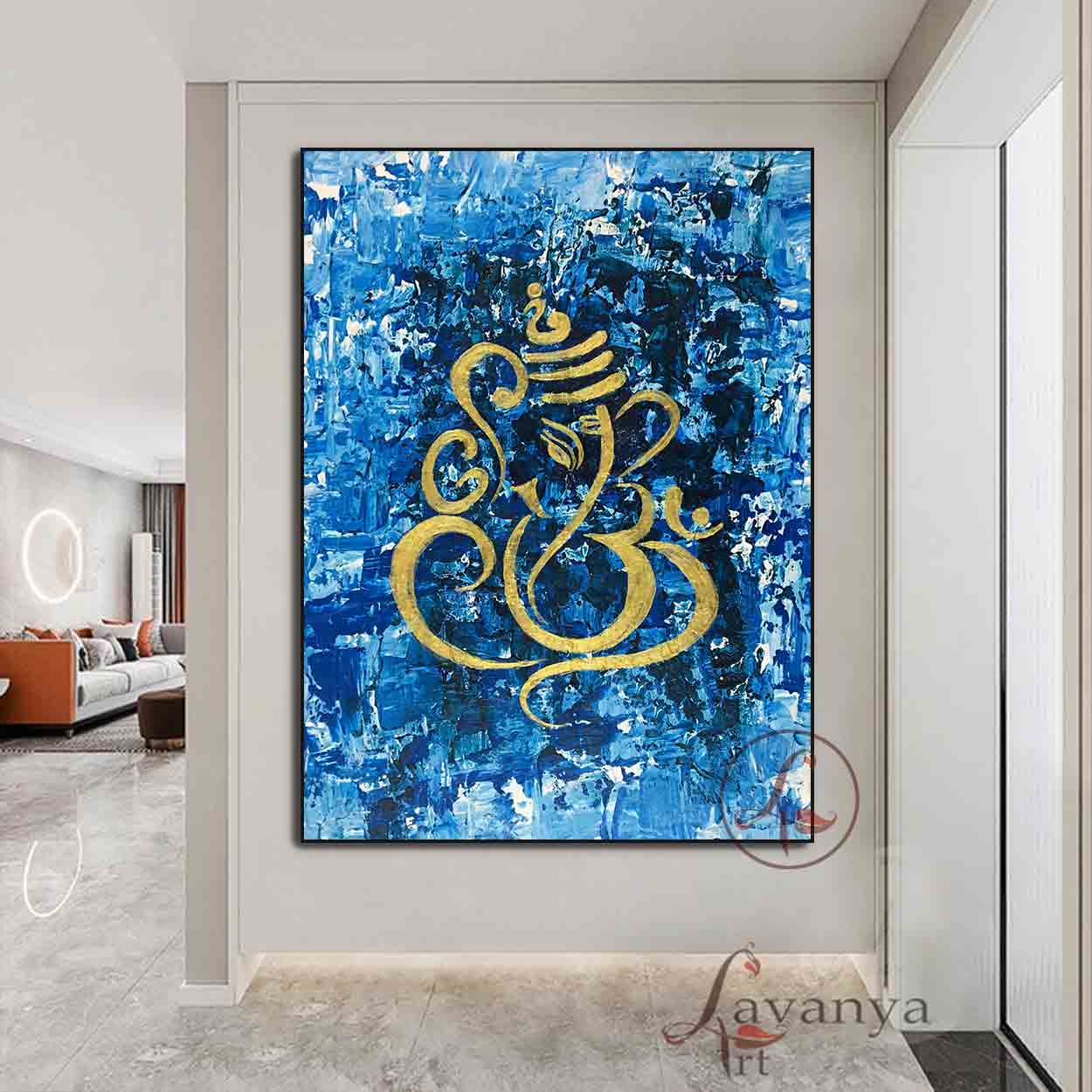 Modern Ganesha Painting | Blue Gold Textured Canvas