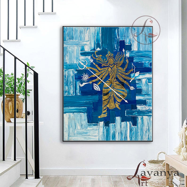 Textured Durga Maa painting created with palette knife acrylic techniques, symbolizing divine strength, protection, and feminine power.