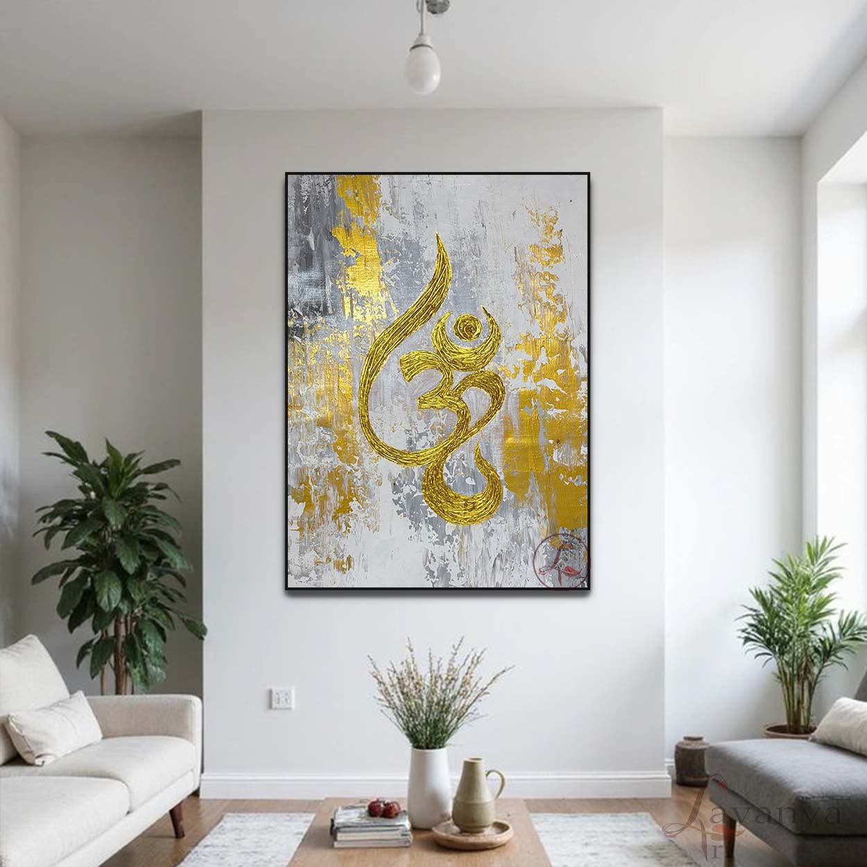 Explore Om Indian painting featuring abstract painting, textured art, and gold accents. Handmade wall art for modern spiritual home decor.