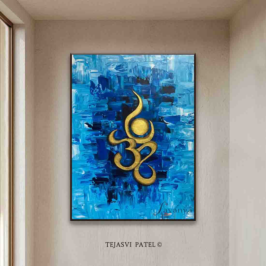 Original Om contemporary art featuring textured art and gold textures. Handmade canvas acrylic painting celebrating Indian art and spiritual elegance.