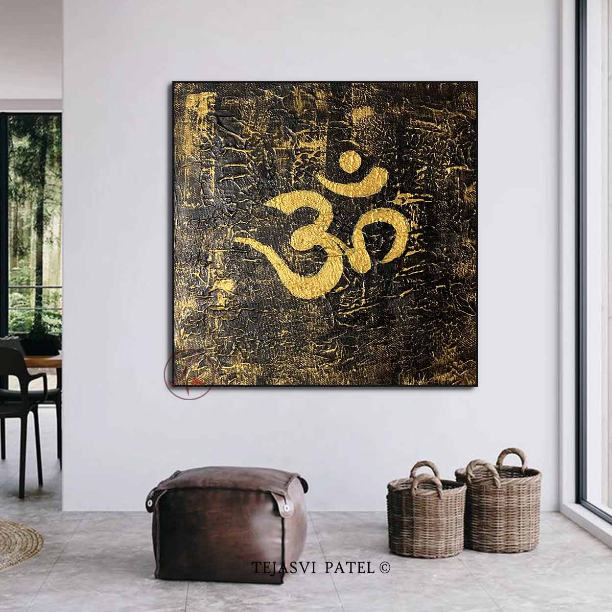 Luxury textured Om wall art handmade on canvas by Tejasvi Patel for elegant interiors.