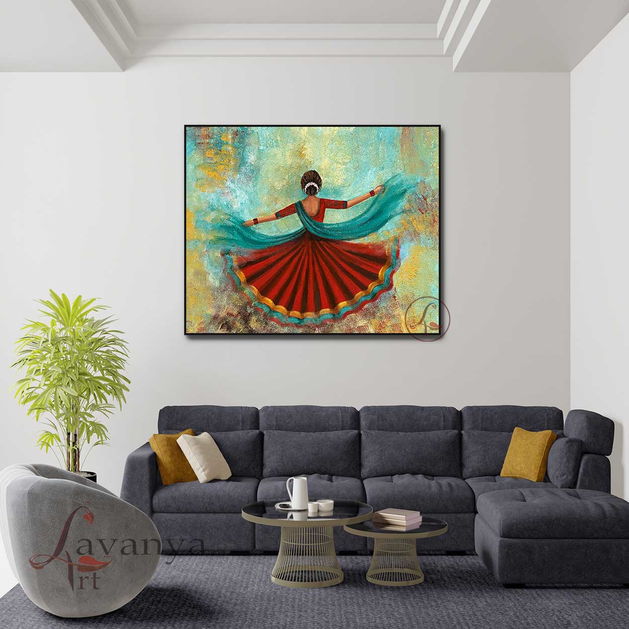 Discover luxury Rajasthani Woman & Ghoomar Dance Wall Art by Tejasvi Patel at Lavanya Art Studio. Handmade textured Indian art for statement wall decor.