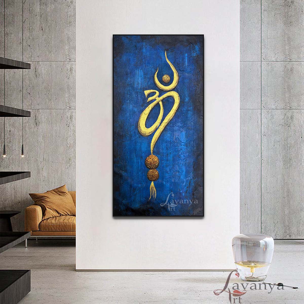 Abstract Om Painting | Handmade Textured Indian Art | Blue Gold