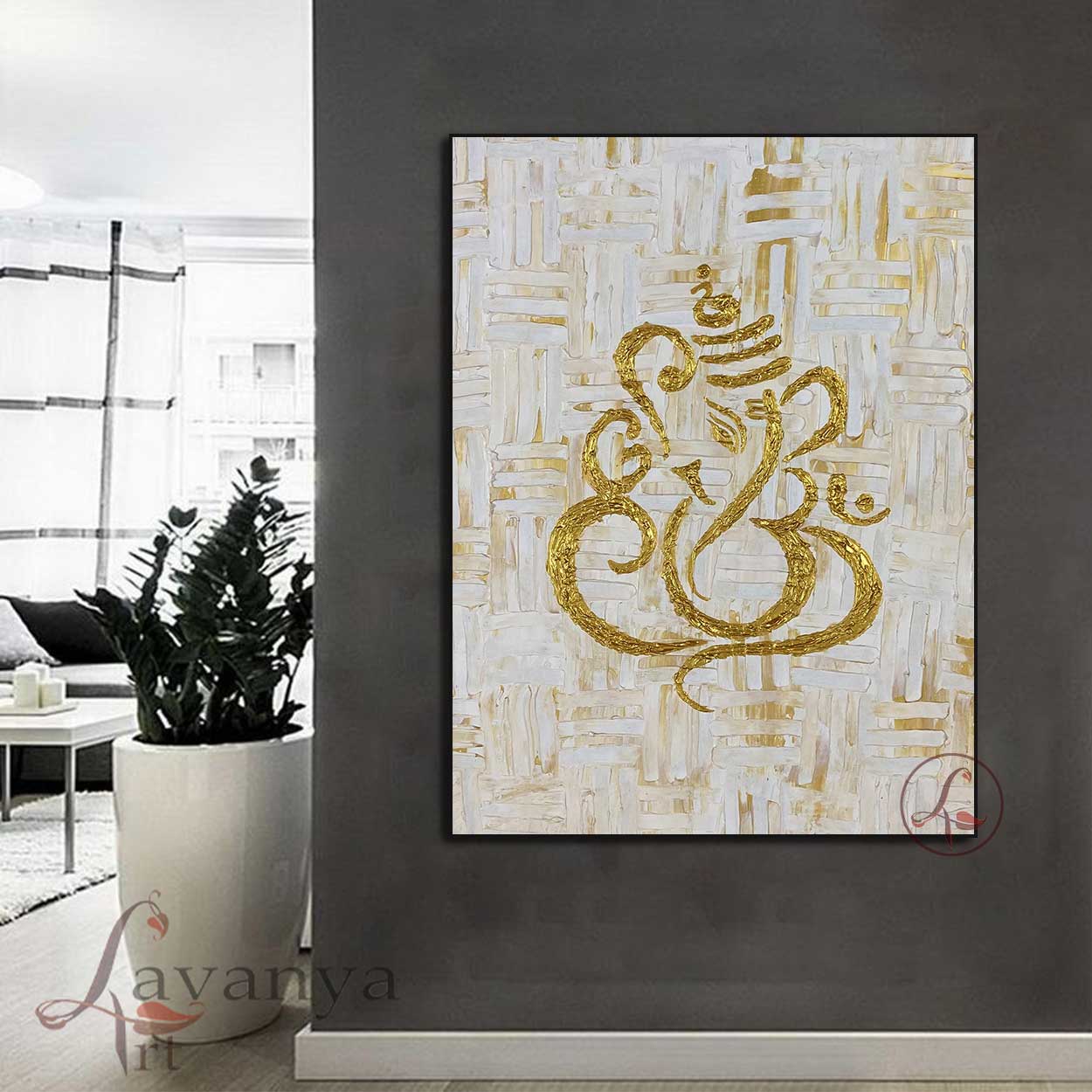 White and gold abstract Ganesha painting handcrafted with premium textures by Tejasvi Patel.
