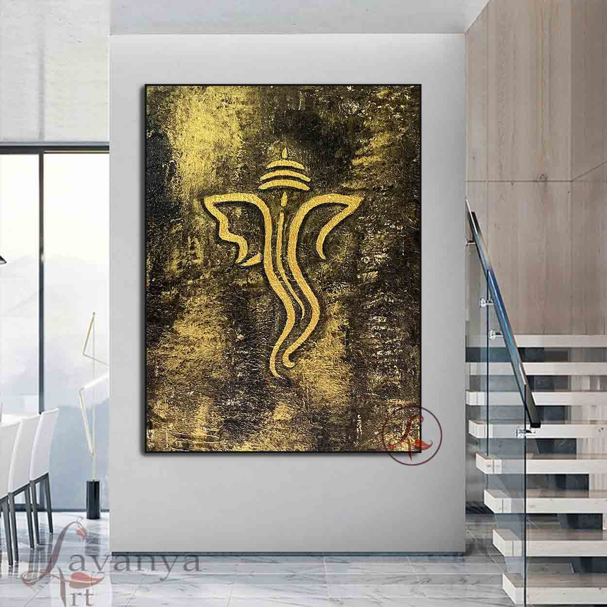 White and gold abstract Ganesha painting handcrafted with premium textures by Tejasvi Patel.