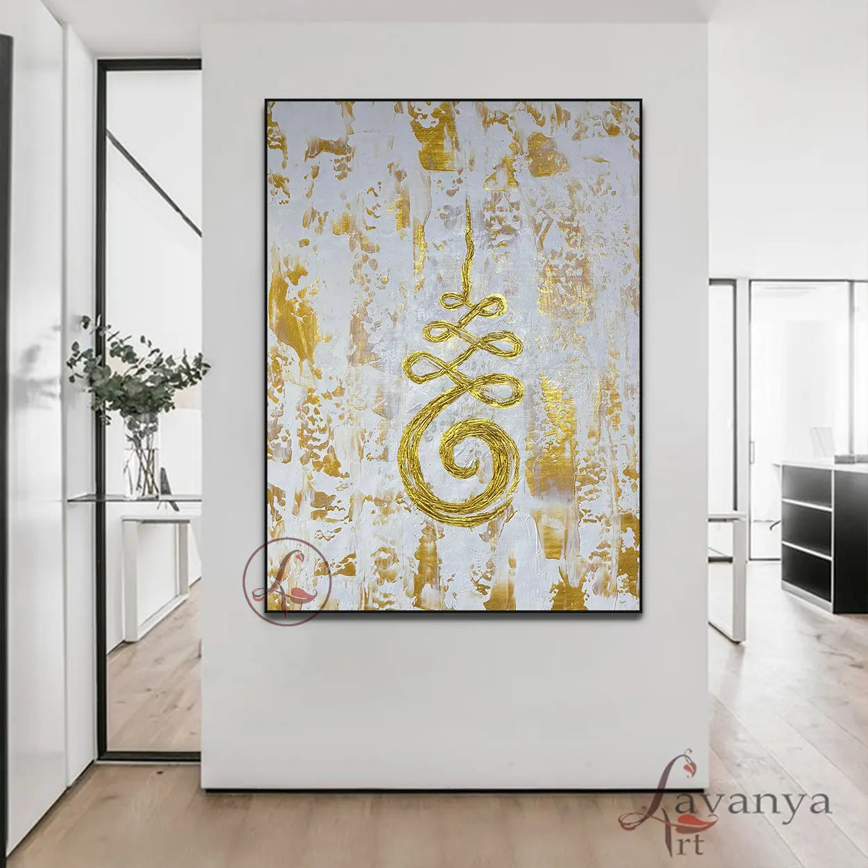 Unalome Sak Yant Painting | White Gold Buddhist Wall Art